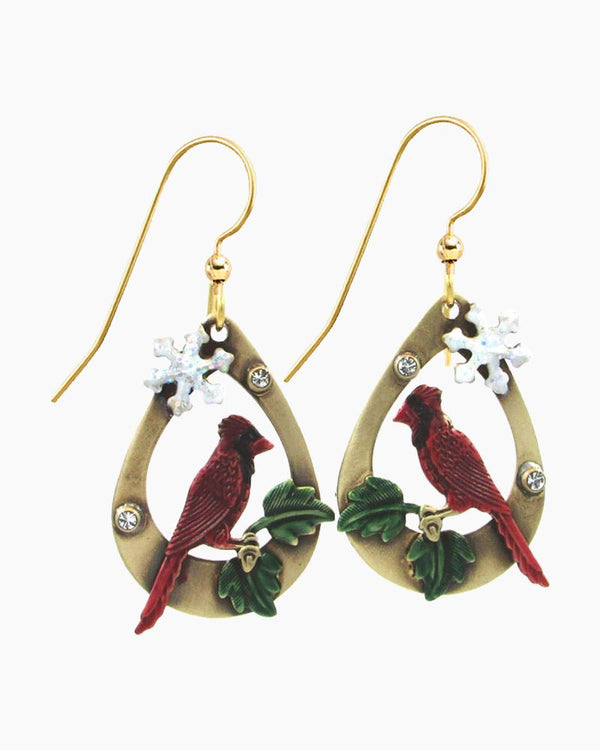 Silver Forest Cardinal Christmas Earrings-NE-1807C