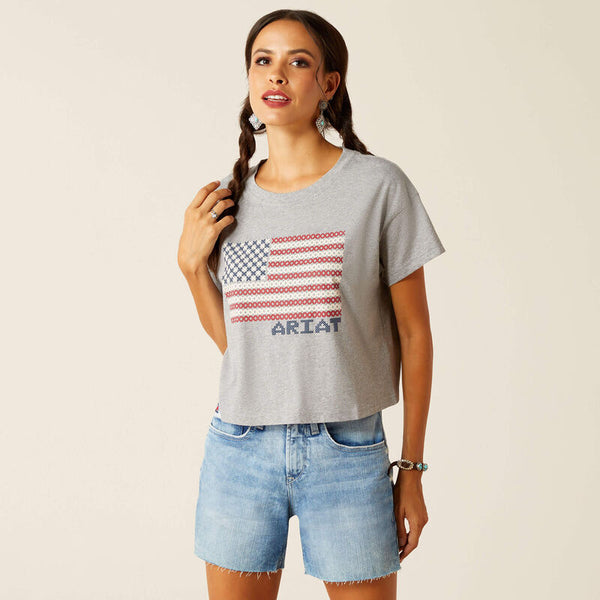 Ladies Ariat Homespun Flag T-Shirt - Heather Grey - 10051298