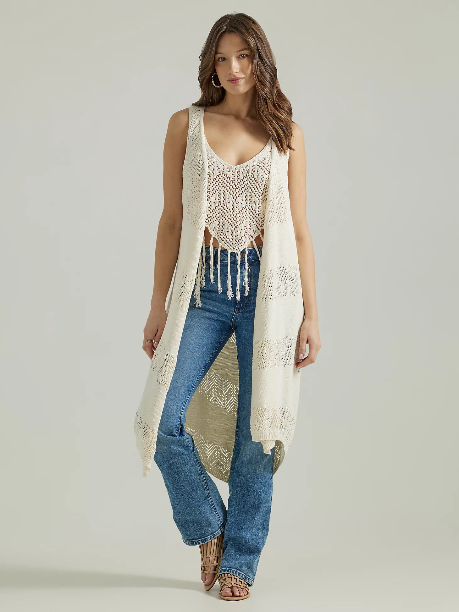 Wrangler Ladies Boho Crochet Duster in Cream 112347184