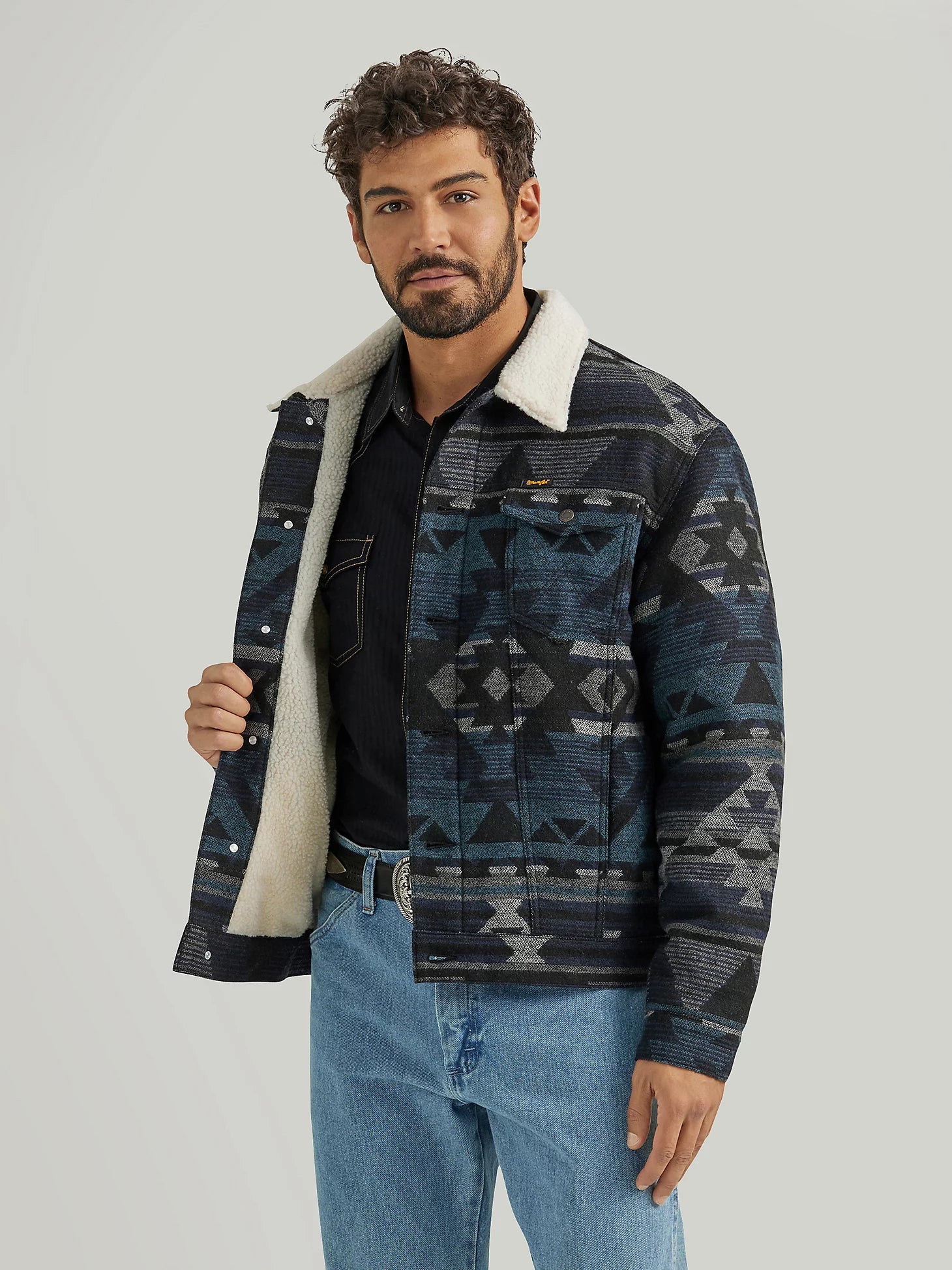 Wrangler Men's Sherpa Lined Jacquard Print Jacket - Navy Waters - 112352866