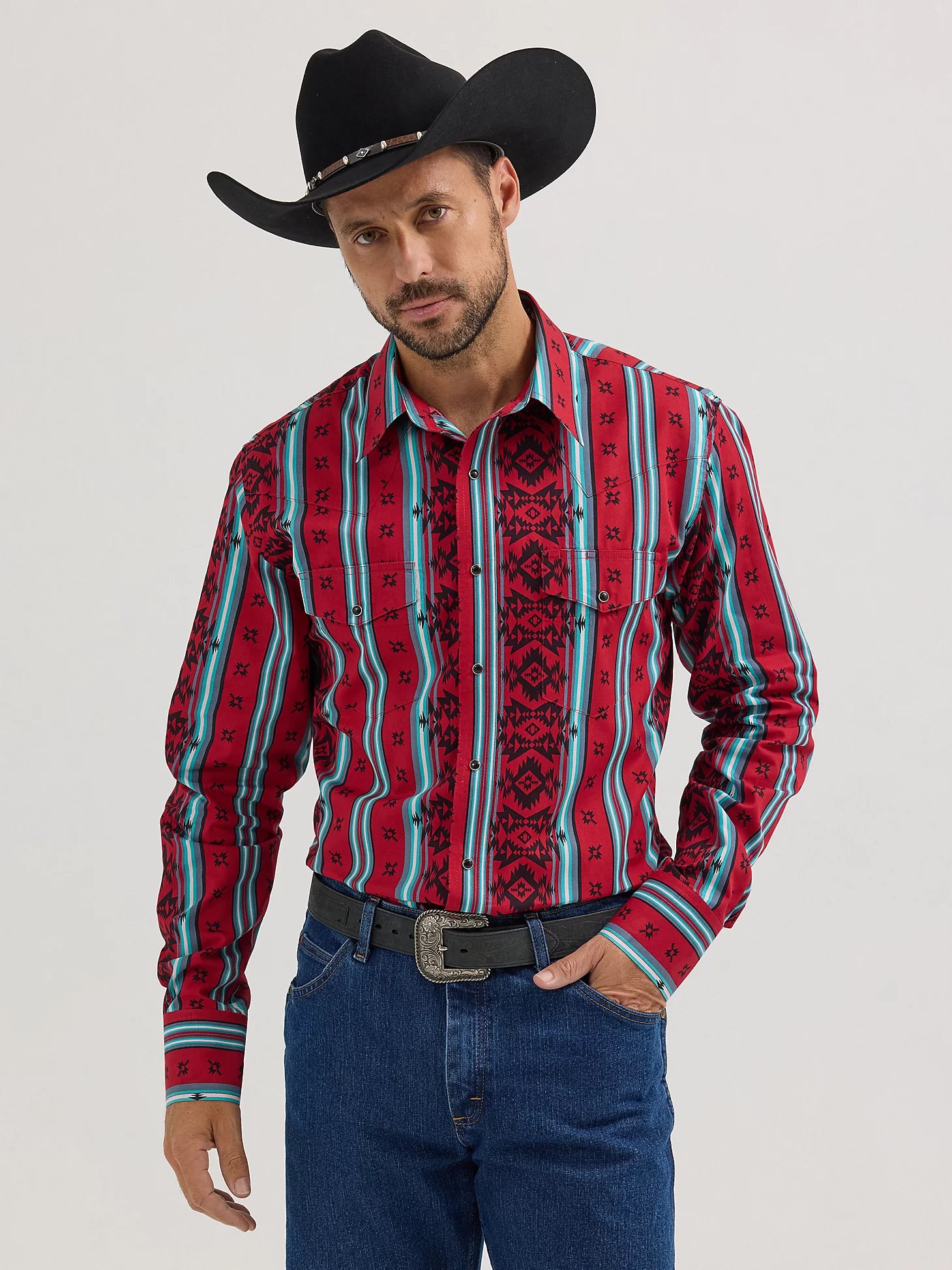 Wrangler Men's Checotah Long Sleeve Western Snap Printed Shirt - Sonoran Red - 112355376