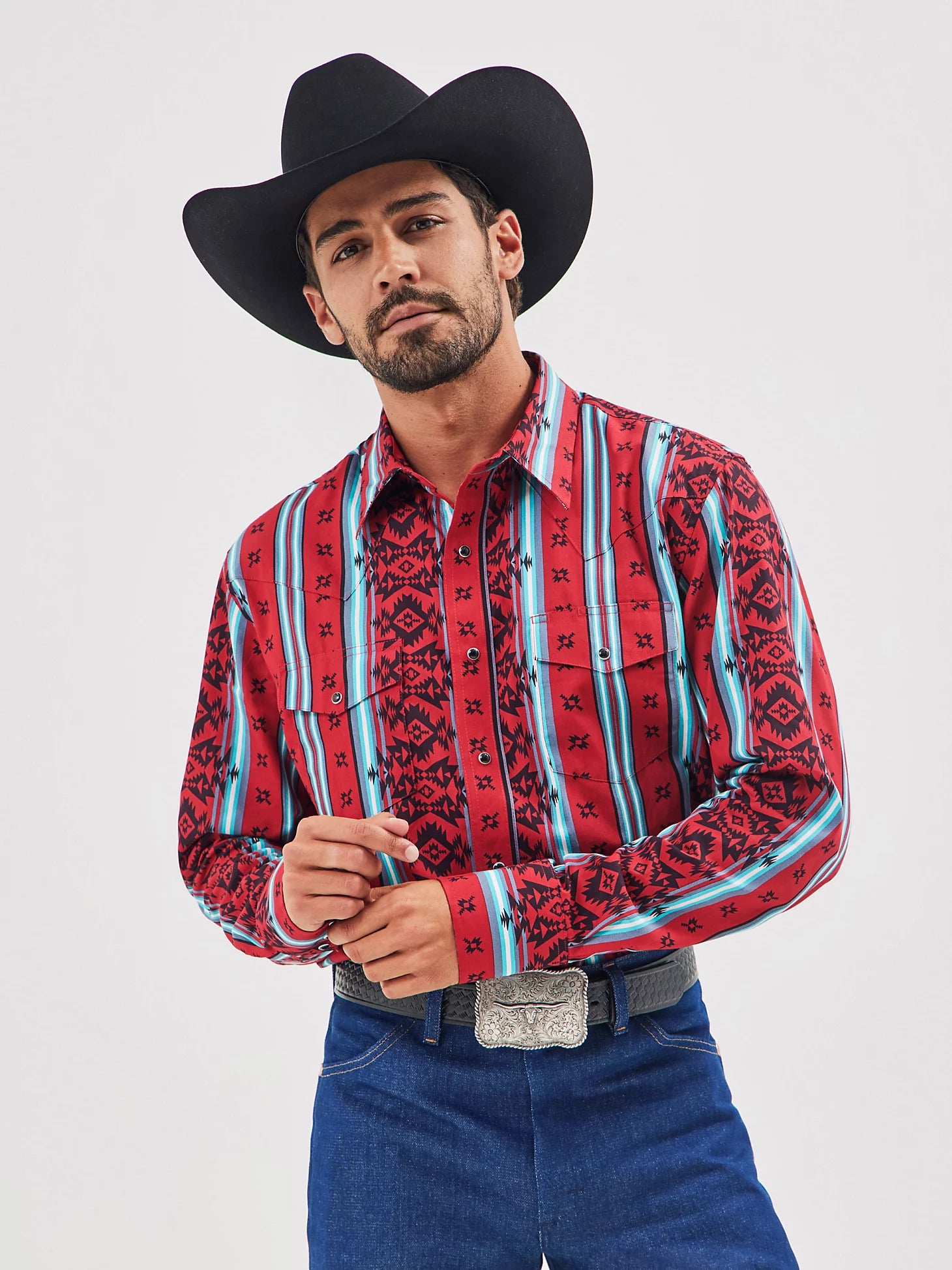 Wrangler Men's Checotah Long Sleeve Western Snap Printed Shirt - Sonoran Red - 112355376