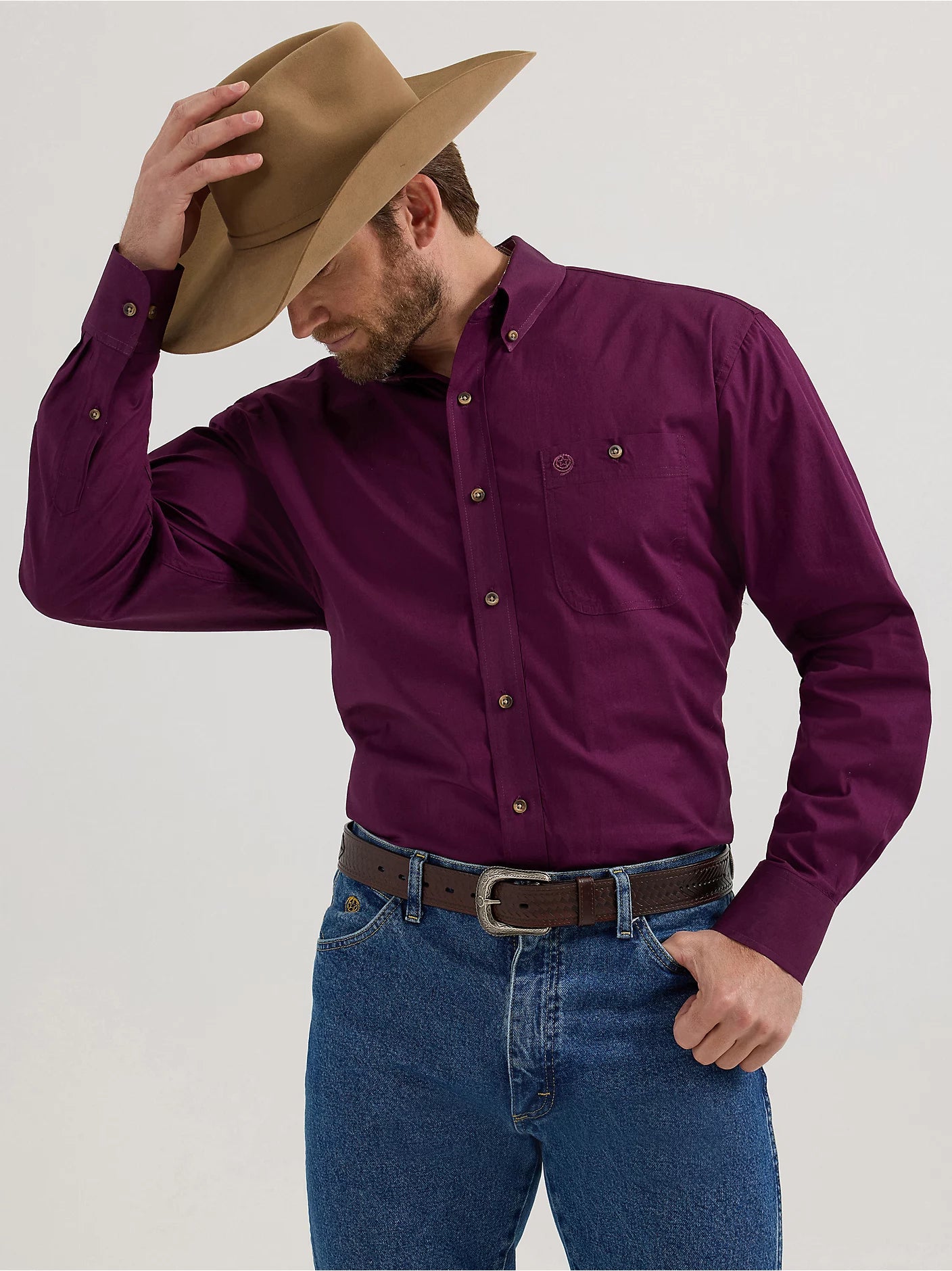 Wrangler Men's George Strait Solid Long Sleeve Button Down Shirt - Plum - 112356611