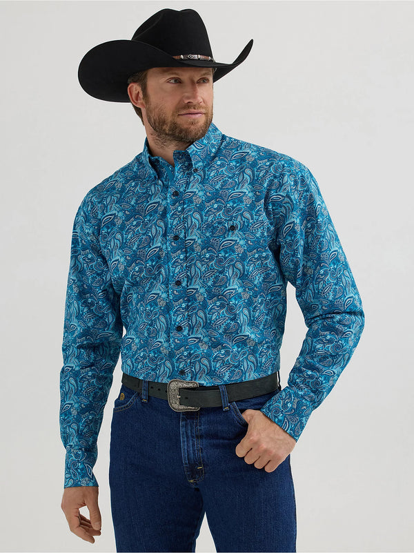 Wrangler Men's George Strait Long Sleeve Button Down Shirt - Teal Bold Paisley - 112356632