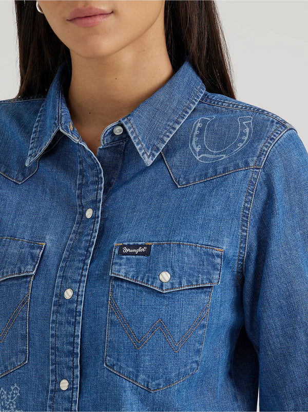 Wrangler Women's Lasered Icons Cowboy Denim Snap Shirt - Medium Wash - 112356655