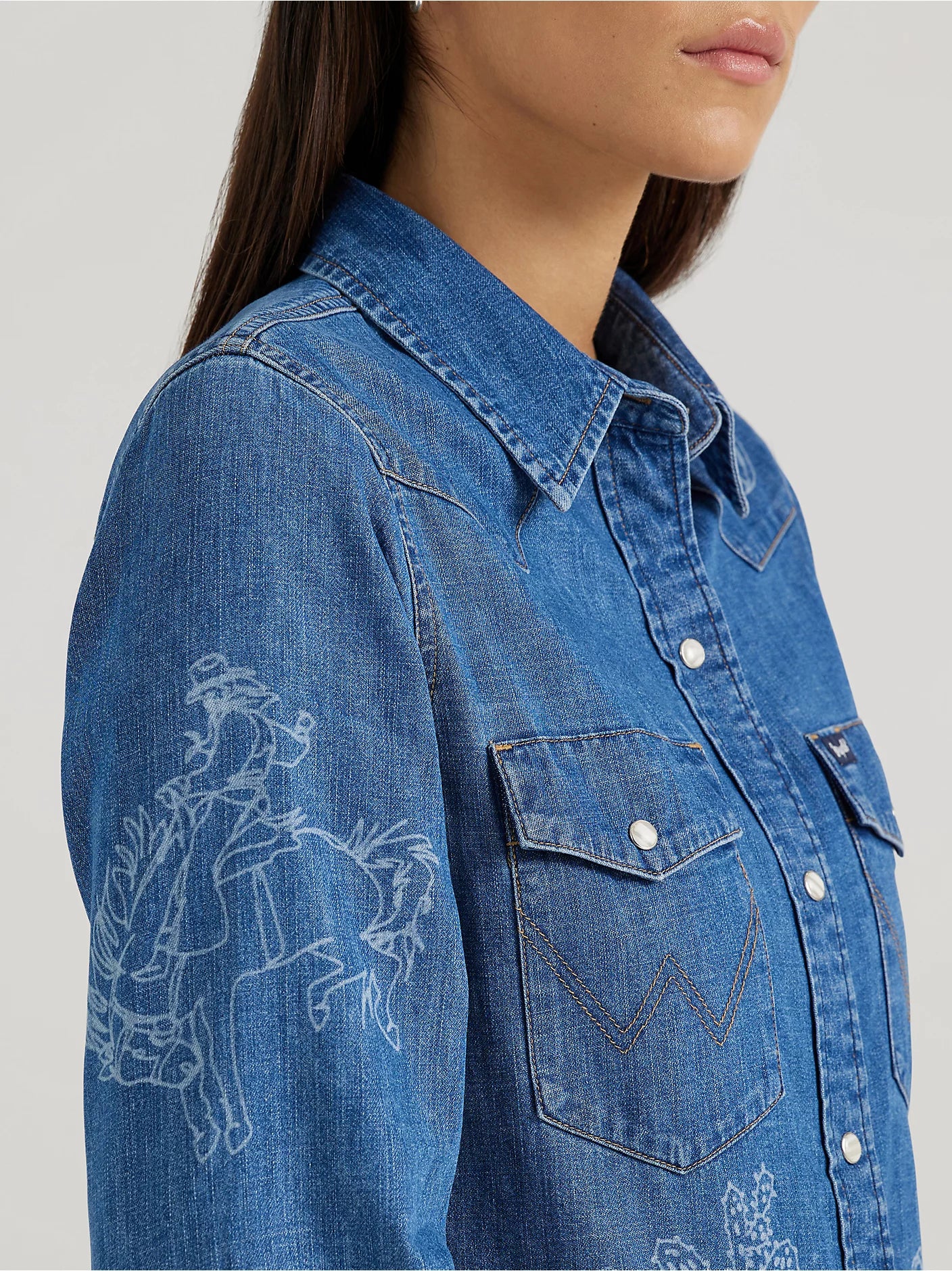 Wrangler Women's Lasered Icons Cowboy Denim Snap Shirt - Medium Wash - 112356655