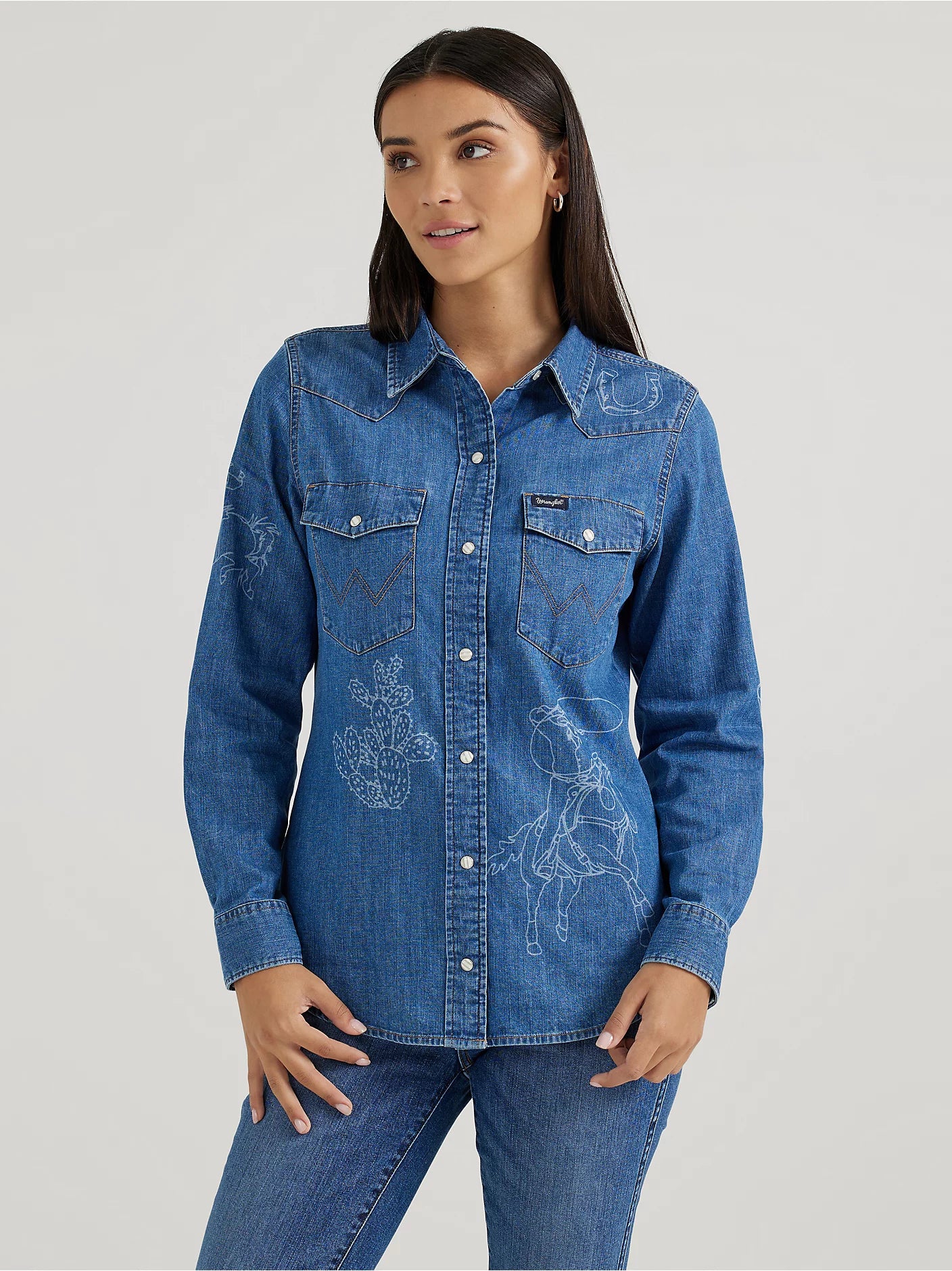 Wrangler Women's Lasered Icons Cowboy Denim Snap Shirt - Medium Wash - 112356655