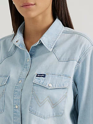 Wrangler Ladies Cut Off Denim Boyfriend Snap Shirt-112356656