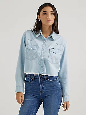 Wrangler Ladies Cut Off Denim Boyfriend Snap Shirt-112356656