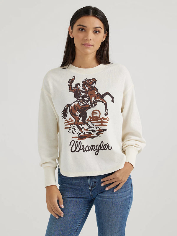 Wrangler Ladies Bucking Cowboy Waffle Thermal Shirt - White - 112356698