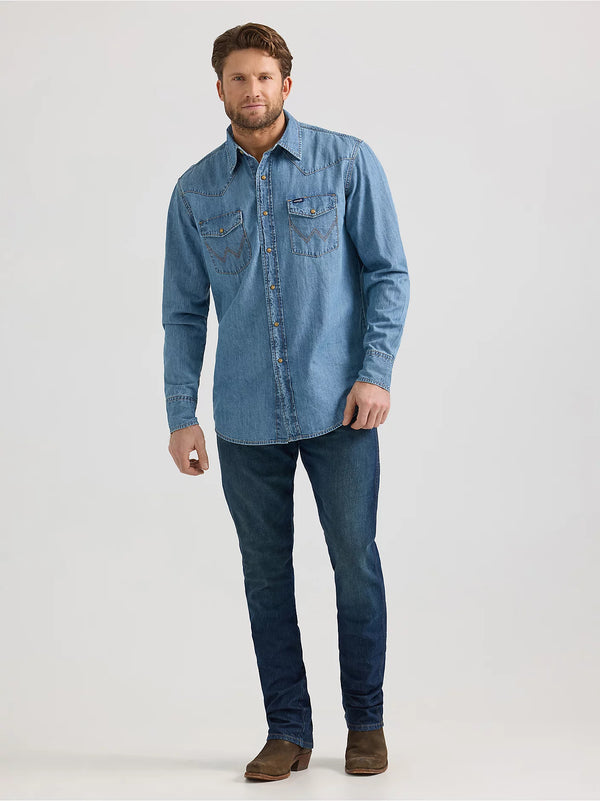 Wrangler Men's Classic Denim Western Snap Shirt - Light Wash - 112361699