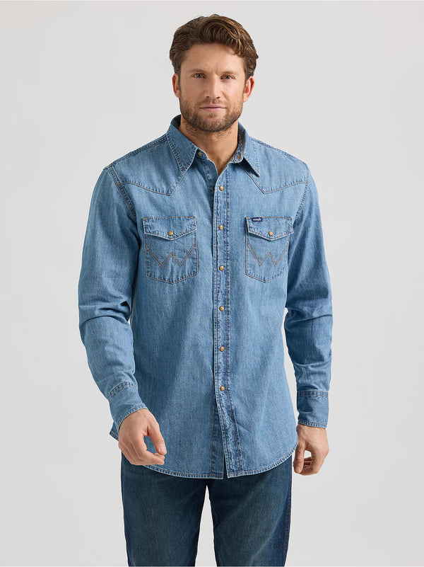 Wrangler Men's Classic Denim Western Snap Shirt - Light Wash - 112361699