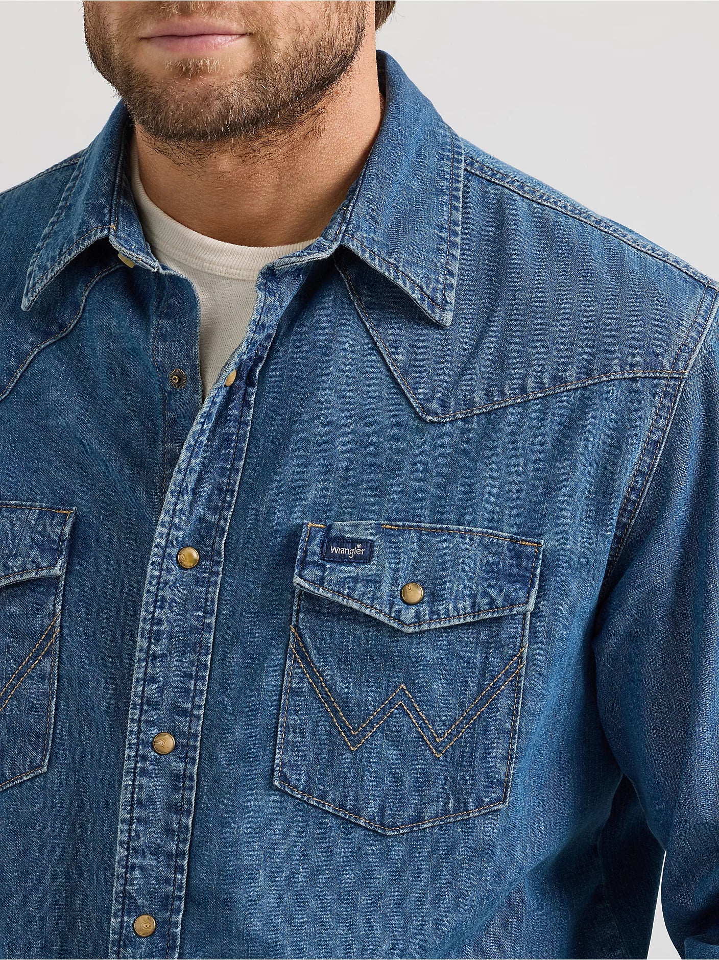 Wrangler Men's Classic Denim Western Snap Shirt - Mid Wash Denim - 112361700