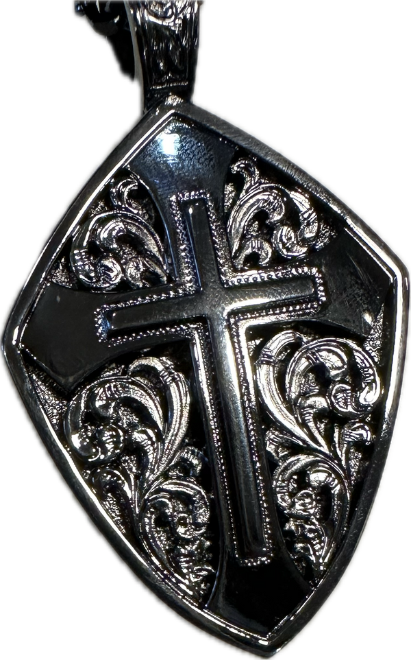 Twister Cross Engraved Shield Necklace - 32171