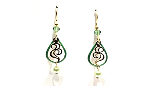 Silver Forest Open Green Tear with Gold Swirl & Green Beads Pierced Earrings NE-2111