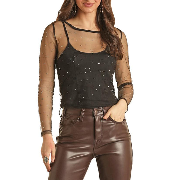 Rock and Roll Cowgirl Ladies Black Mesh Rhinestone Top BW52T02740