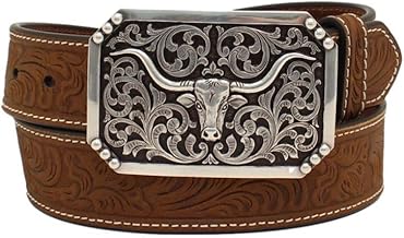 3D Western Belt Mens Floral Emboss Longhorn Buckle 38 Brown D100012102