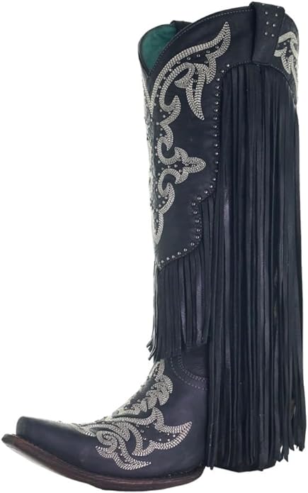 Corral Ladies Black Fringe Lamb Tall Snip Toe Cowgirl Boots C3706