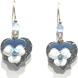 Silver Forest White and Blue Flower on Heart Shaped Earrings - E-9136C