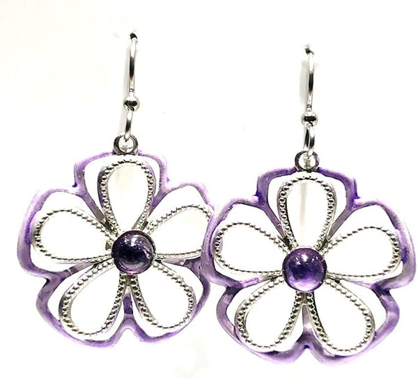 Silver Forest Open Silver & Amethyst Flower with Amethyst Stone Center Pierced earrings NE-2101