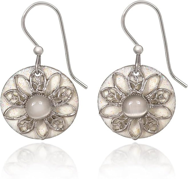 Silver Forest Earrings Silver Flower on Sparkling White Round - NE-1690B