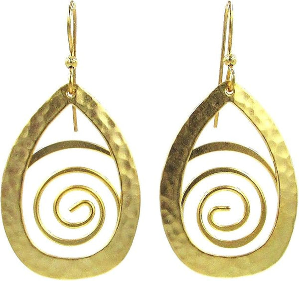 Silver Forest Earrings Shiny Gold Plated Hammered Tear with Coil - NE-1627A