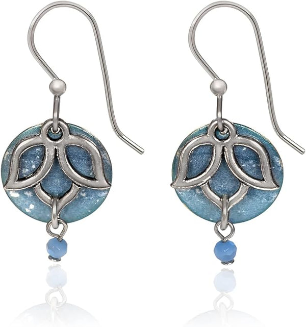 Silver Forest Earrings Silver Enlightened Lotus on Baby Blue Round - NE-2069