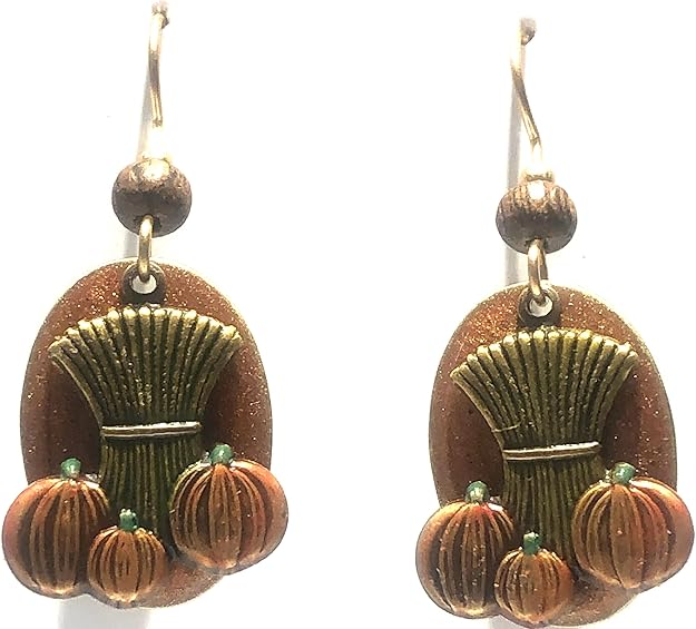 Silver Forest Sheaf of Wheat and Pumpkins Pierced Earrings - NE-2184