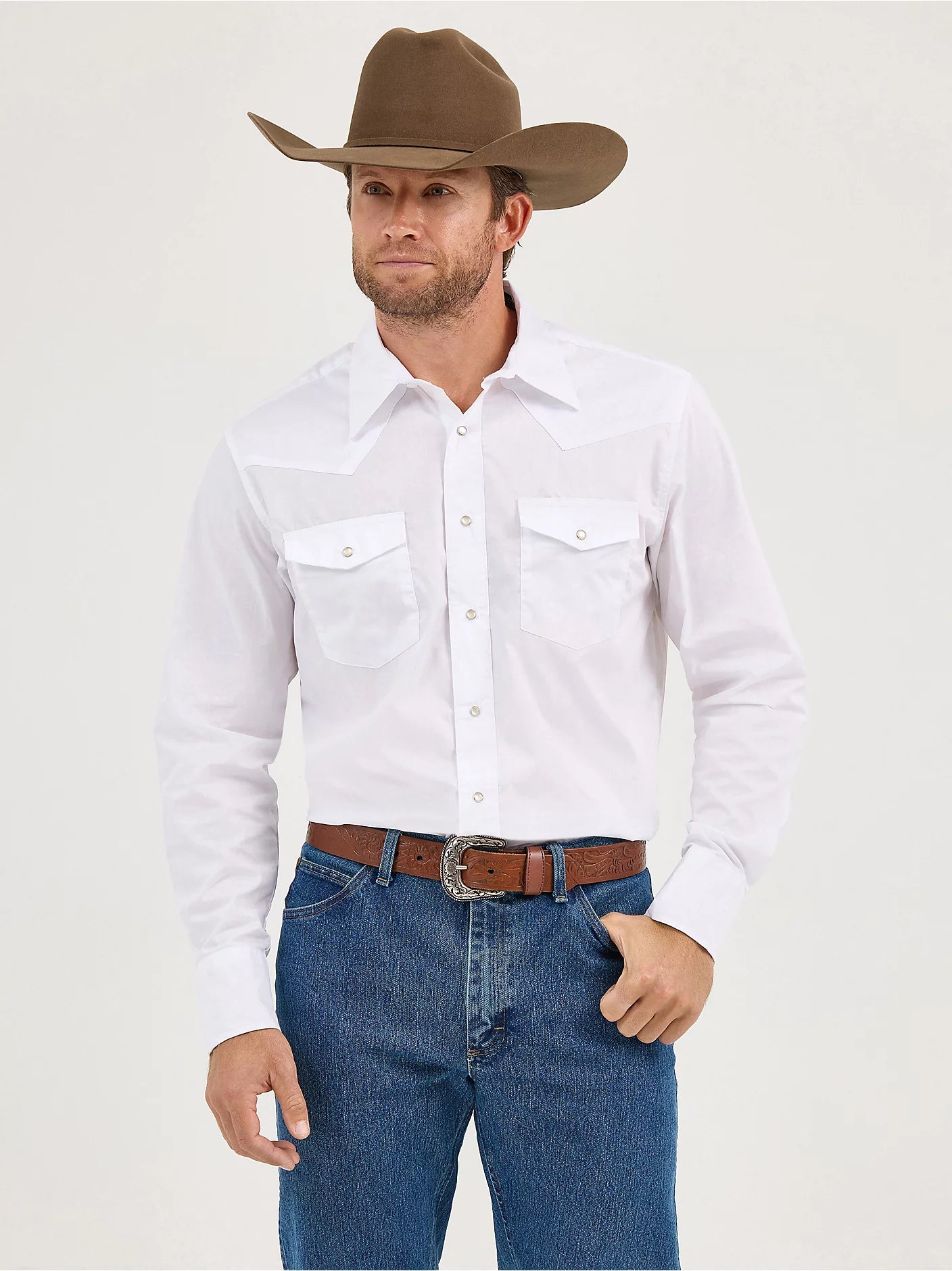 Wrangler Mens Western Long Sleeve Snap Shirt Solid Broadcloth - White - 71105WH