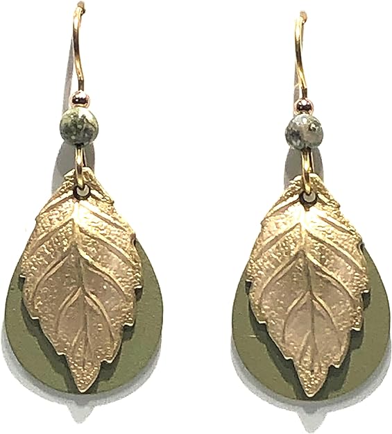 Silver Forest Earring Green Tear and Gold Sculpted Leaf - NE-1707C