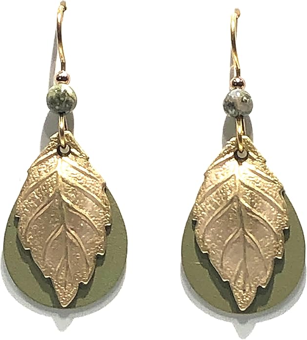 Silver Forest Green Tear & Gold Sculpted Leaf Pierced Earrings - NE-1707C