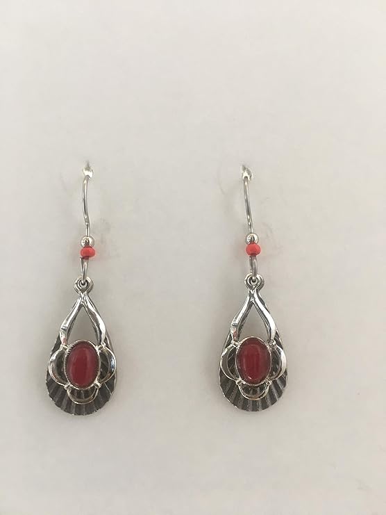 Silver Forest Earrings Ribbed Open tear with Red Stone - NE-1729