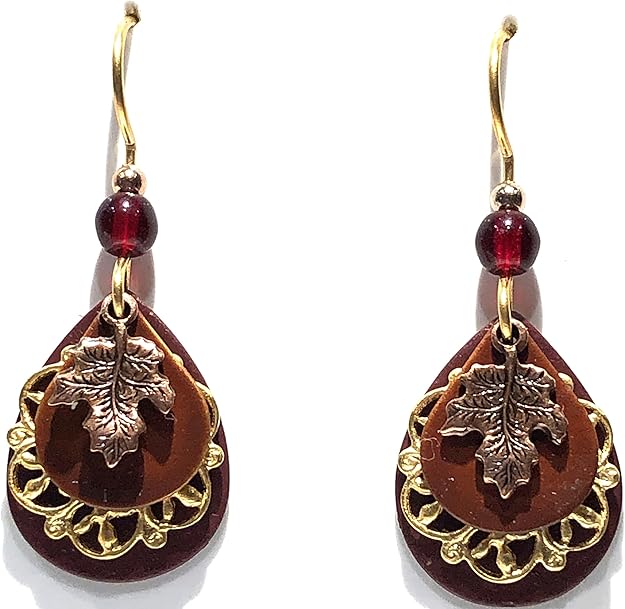 Silver Forest Burgundy Teardrops with Gold Filigree and Leaf Pierced Earrings - NE-1856A