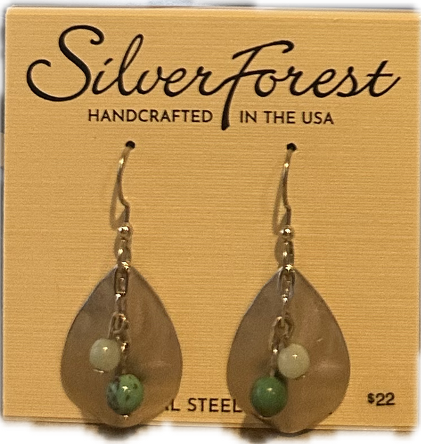 Silver Forest Earrings Silver Teardrop with Green Beads - NE-2229