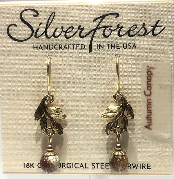 Silver Forest Leaf Swag and Poppy Drop Pierced Earrings - NE-1993B