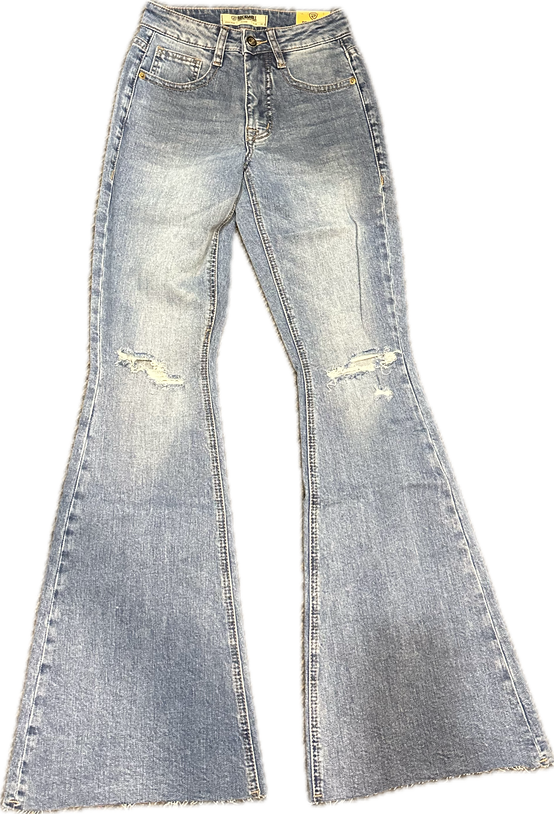 Ladies Rock & Roll Denim Distressed High Rise Flare Jeans - BW6HD04793