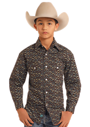 Rock & Roll Boys Longhorn Printed Long Sleeve Snap - Turquoise - BBN2S05473