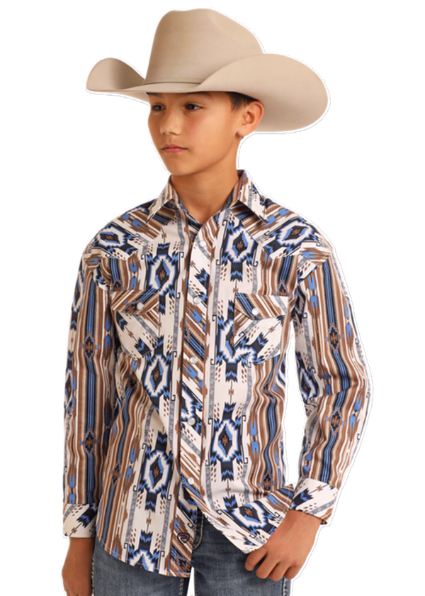 Rock & Roll Denim Boy's Southwestern Print Long Sleeve Pearl Snap Shirt - BBN2S05489