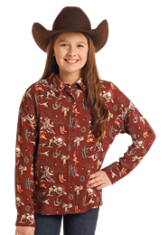 Rock & Roll Girls Retro Conversational Overshirt Button Down - Brown - BGB2S05501