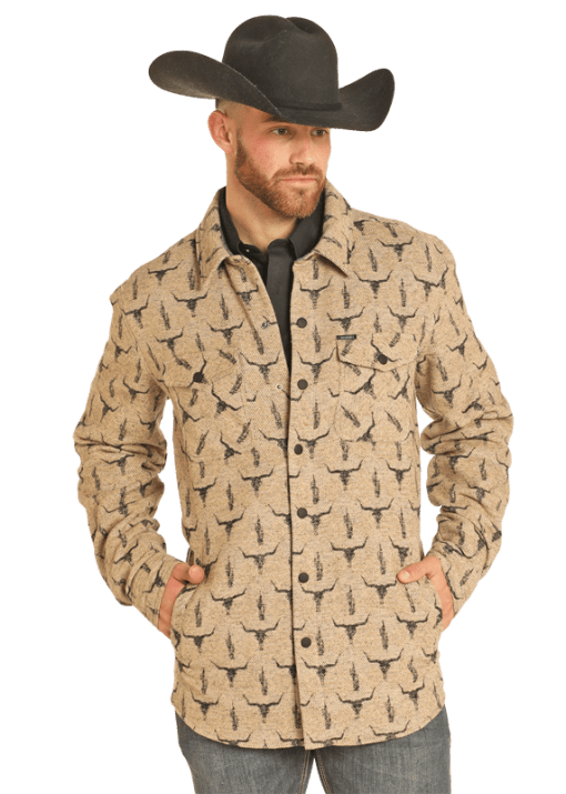 Rock & Roll Denim Men's Steer Skull Jacquard Shirt Jacket - BM92C04318