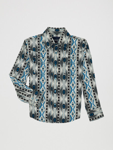 Wrangler Boy's Checotah  Teal & Charcoal Aztec Western Shirt - 112359438