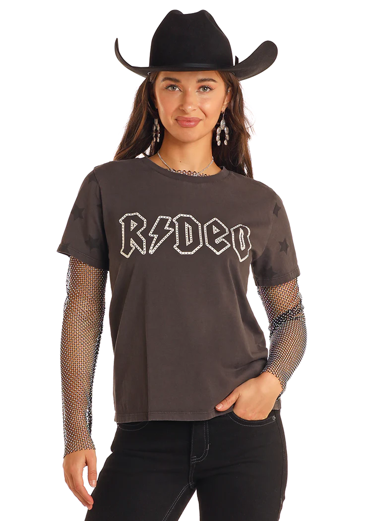 Ladies Rhinestone Rodeo Graphic Tee - Black - BW21T05410