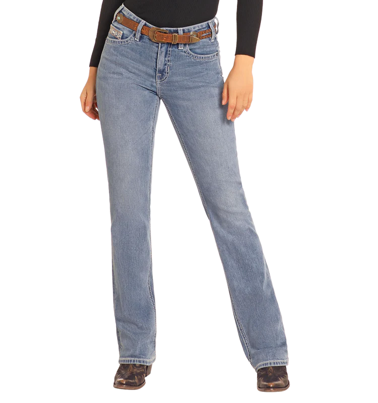 Rock & Roll Ladies Mid Rise Steer Embroidered Bootcut Jeans-BW4MD04770