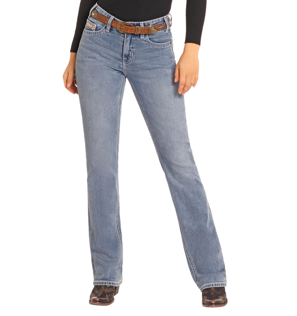 Rock & Roll Ladies Mid Rise Steer Embroidered Bootcut Jeans-BW4MD04770