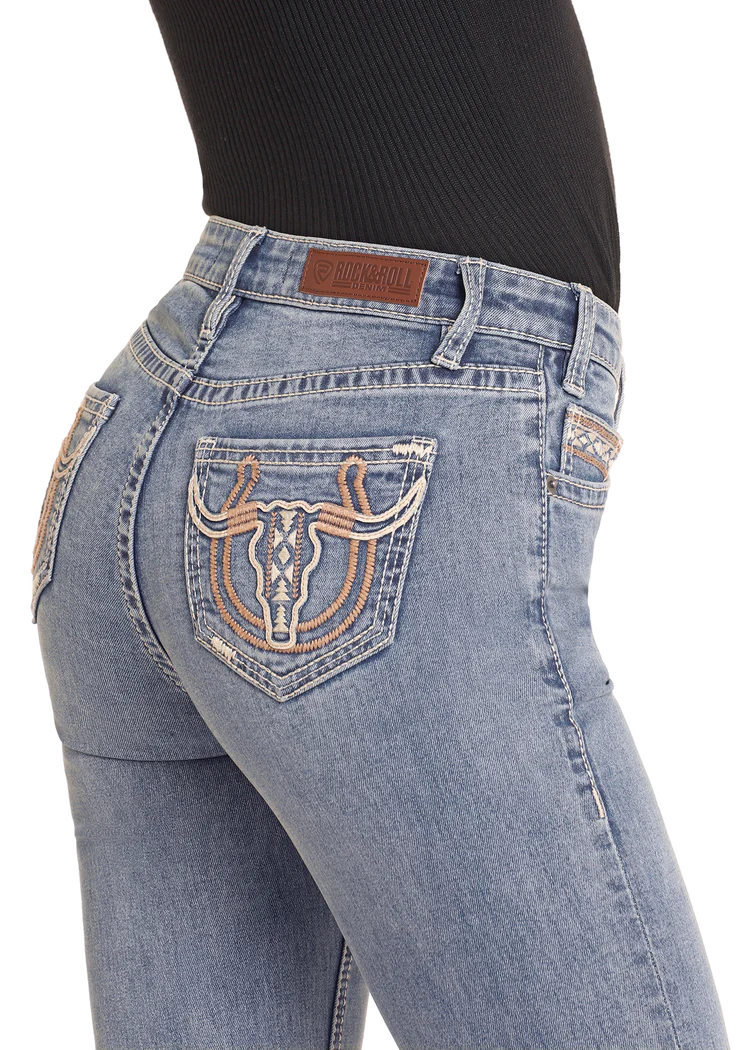 Rock & Roll Ladies Mid Rise Steer Embroidered Bootcut Jeans-BW4MD04770