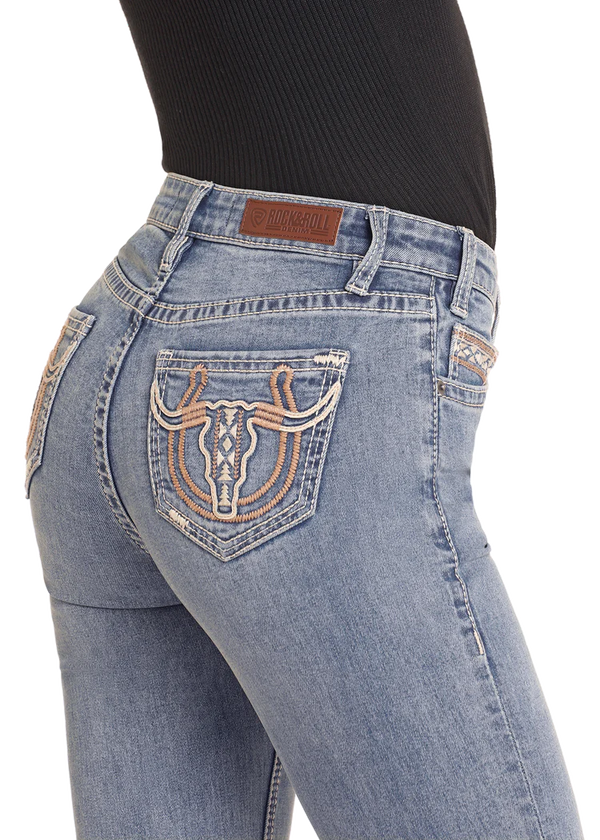 Rock & Roll Ladies Mid Rise Steer Embroidered Bootcut Jeans-BW4MD04770