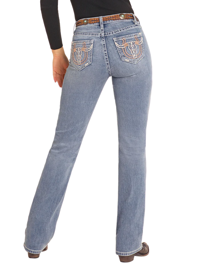 Rock & Roll Ladies Mid Rise Steer Embroidered Bootcut Jeans-BW4MD04770