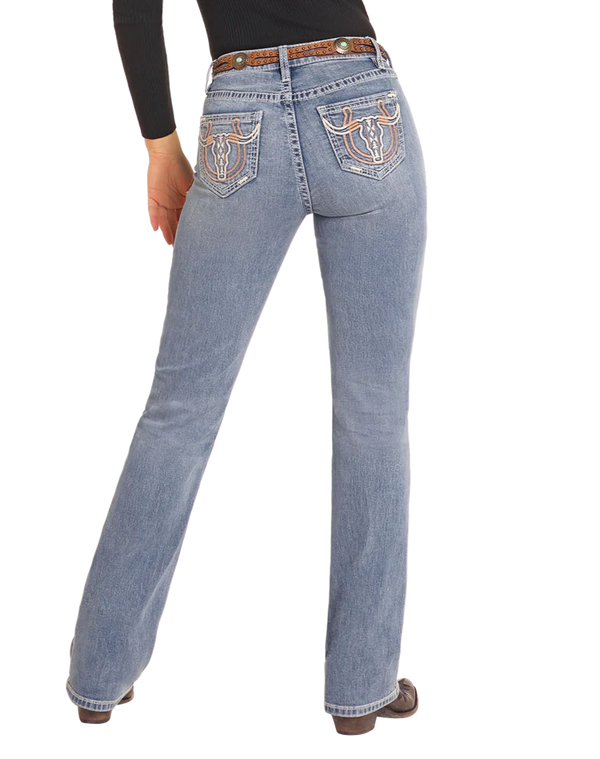 Rock & Roll Ladies Mid Rise Steer Embroidered Bootcut Jeans-BW4MD04770