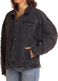 Rock & Roll Ladies Distressed Pearl Sleeve Jacket - Black - BW92D05348