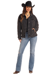 Rock & Roll Ladies Distressed Pearl Sleeve Jacket - Black - BW92D05348